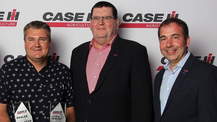 Larwoods Ag Services dealer principal Scott Mercer with Case IH brand leaders Bruce Healy and Matthieu Sejourne.