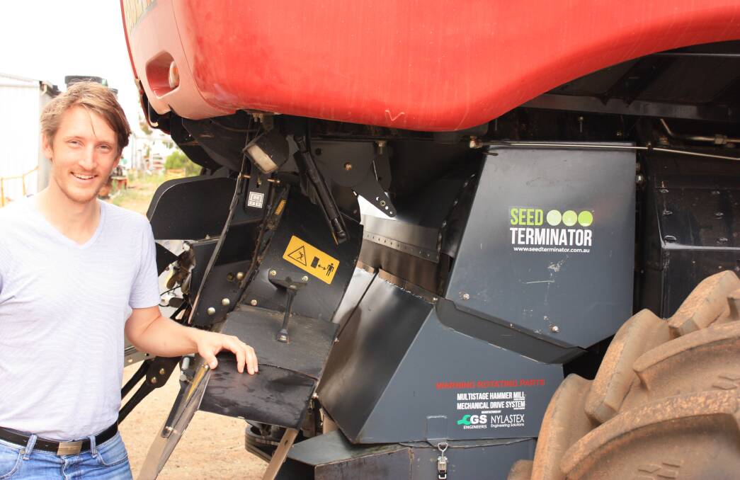 Dr Nick Berry with the Seed Terminator. The machine shapes up as a key weapon in the war against harvested weed seed using mechanically driven hammer mill technology.