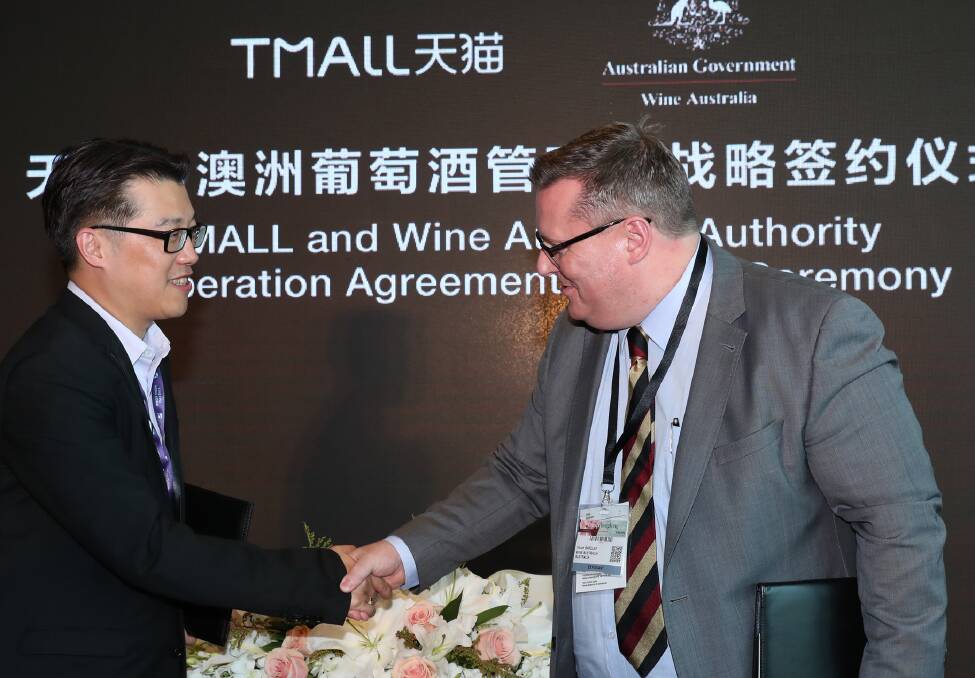 Tmall's fast moving consumer goods chief executive officer, Mike Hu, and Wine Australia, marketing general manager, Stuart Barclay, at the co-operation agreement signing in Hong Kong. 