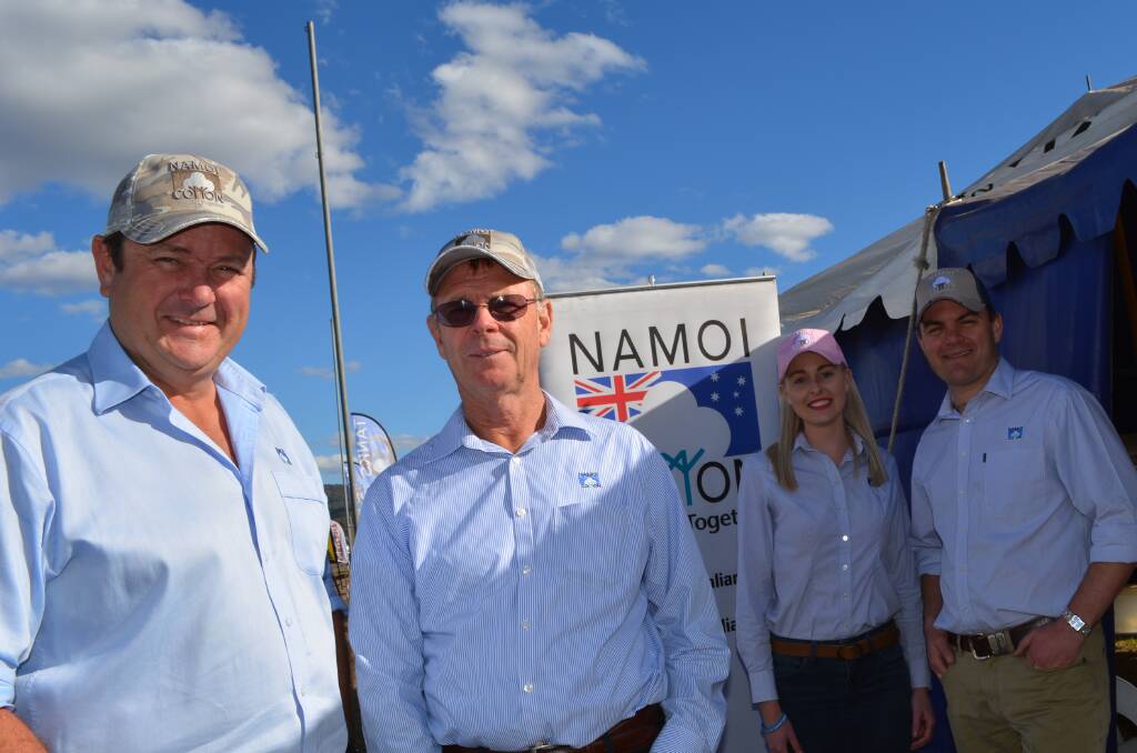 Namoi cotton's grower services manager, Dave Lindsay, with director, Glen Price, "Laska", Mungindi, Goondiwindi grower services representative, Jess Strauch, and area manager Owen Webb, noted "very positive" feedback from shareholders discussing the capital restructure plans at last month's AgQuip field days. 