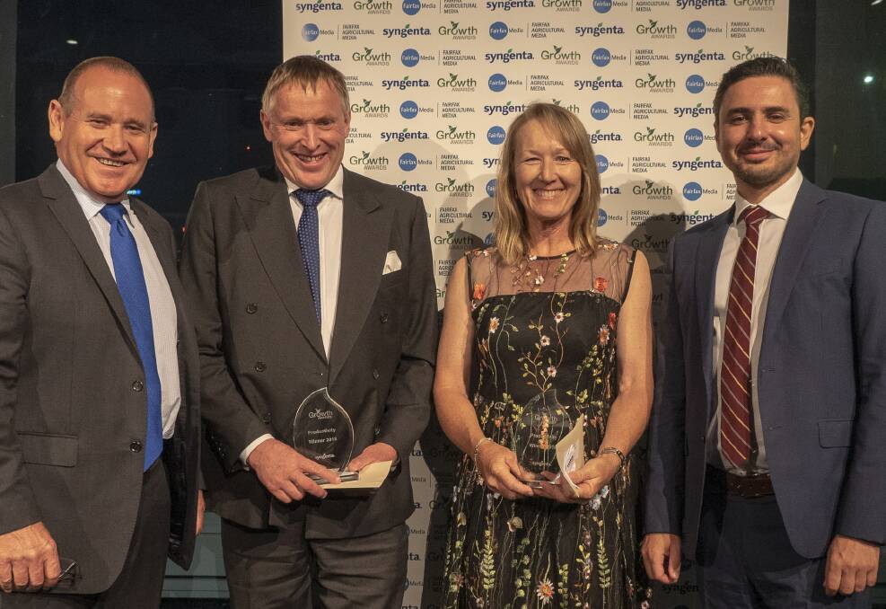 Syngenta's Australasian and Asia Pacific head Paul Luxton and Alex Berkovskiy flank the 2019 grower productivity award winners, Murray Turley, New Zealand and Lynley Anderson, Western Australia at the Sydney Growth Award dinner this week.