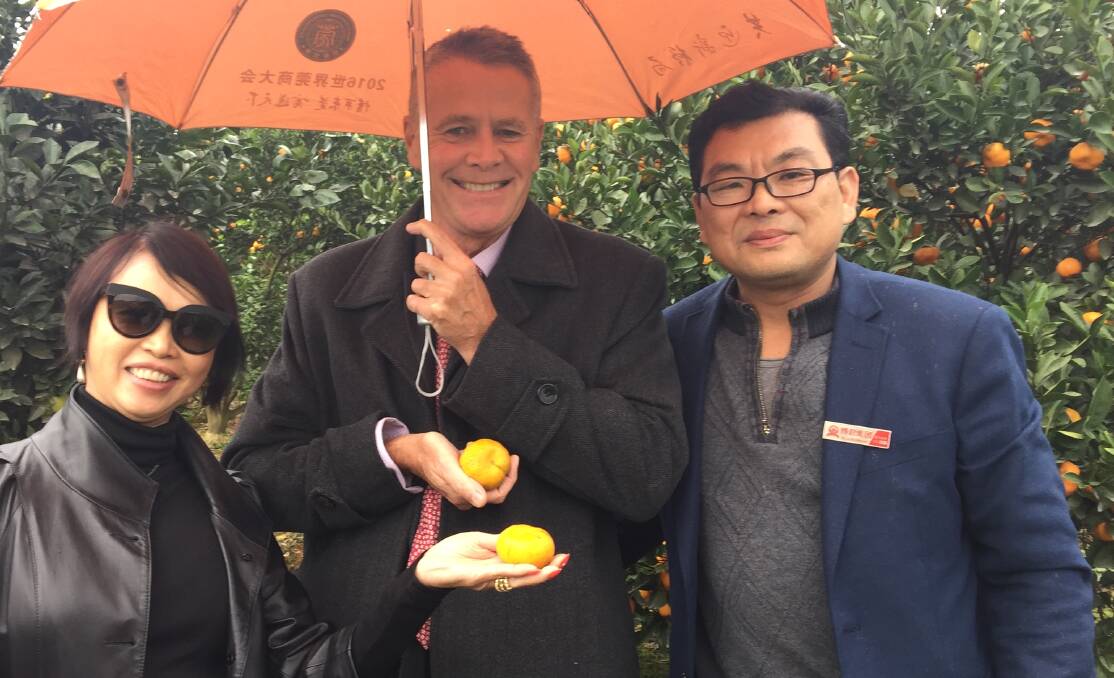 Bojun Agricultural Holdings chairman, Andrew Stoner, in the company's orchards in Jiangxi Province with Bojun founder, Dr Bo Zhu, and Australian consultant, Dr Caroline Hong.
