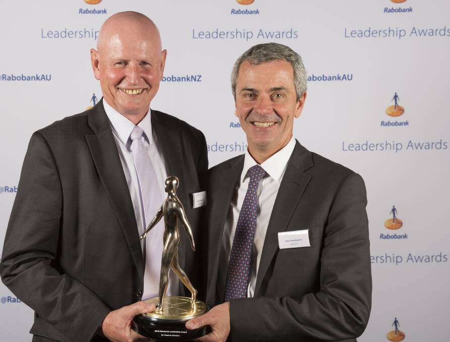 The 2016 Rabobank Leadership Award winner, New Zealand meat industry pioneer, Sir Graeme Harrison, with Rabobank's Australian and NZ managing director, Peter Knoblanche. Nominations are open for the 2017 award.