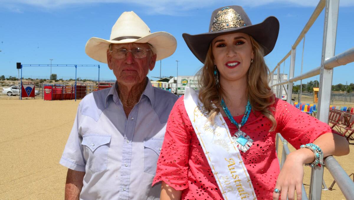RURAL AMBASSADOR: Stock contractor John Gill of The Rock catches up with Miss Rodeo Australia Emma Deicke in the lead up to the Wagga Rodeo. Picture: Nikki Reynolds 