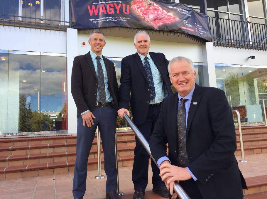 New chief executive officer the Australian Wagyu Association Matt McDonagh with retiring CEO Graham Truscott and president Peter Gilmour at the breed's 2017 conference, titled Wagyu Expansion, in Albury.