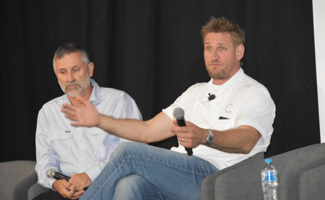 Celebrity chef Curtis Stone was candid with his audience of cattle producers at an MLA forum at Beef Australia yesterday. Interviewing him was consultant journalist Pete Lewis.