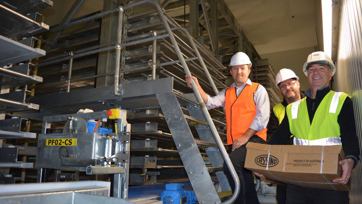 Chief executive officer the Northern Co-operative Meat Company at Casino Simon Stahl with automatic engineers William Hakak and Neil Chamberlain in the plate freezer section of the plant's new cold chain.