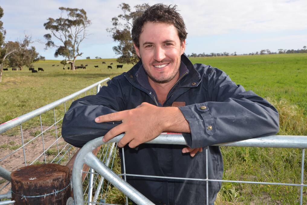 YOUNG GUN: Angus Australia SA branch chairman and Upper South East beef producer Trent Walker with his registered Angus cow herd and newly-sown lucerne paddocks at Culburra, SA.