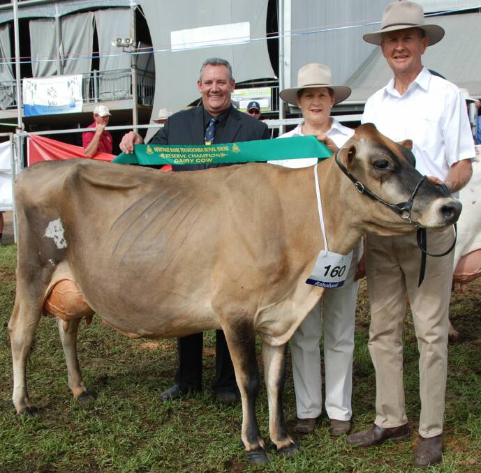 Reserve Supreme Champion Dairy cow at Toowoomba Royal Show was awarded to Ascot Park Surefire Beauty Jersey cow owned by Jenny and Steve McCarthy, Ascot Park, East Greenmount (right) accompanied by dairy chairman Wayne Bradshaw.