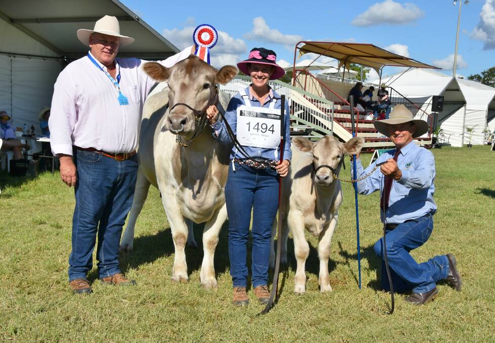 Grand champion Murray Grey female, Baroona Park Scarlett with 3-month-old calf at foot, held by Kathryn Rose, Wellcamp and Pat Bohan holds the calf, plus Murray Grey Society president Rob Walker. 