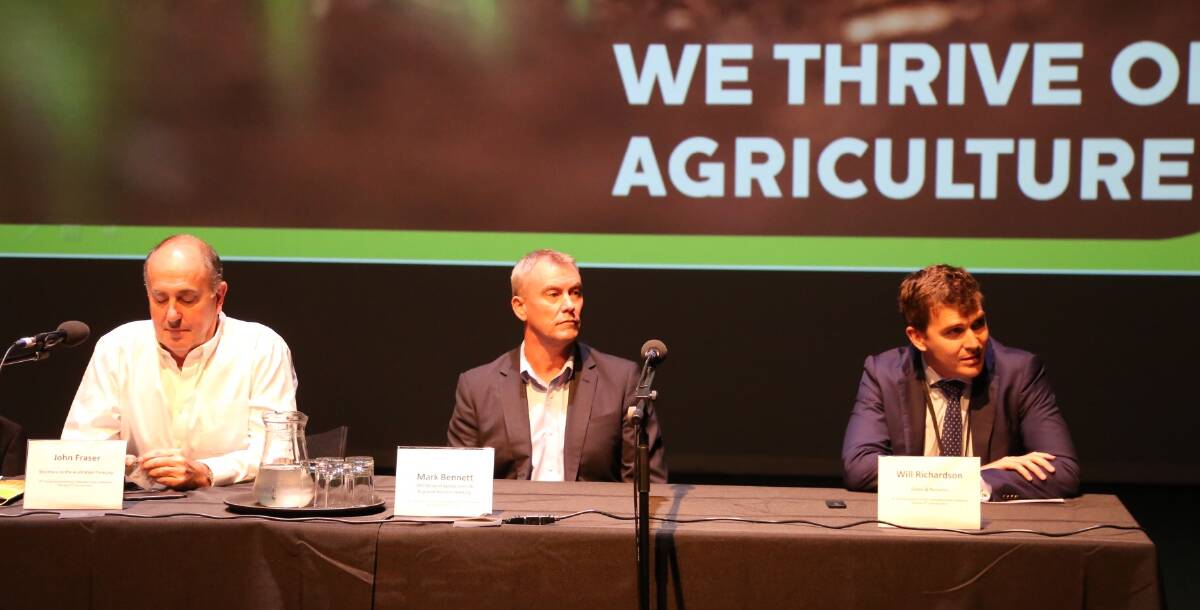 Secretary of the Australian Treasury John Fraser (left) with head of agribusiness at ANZ Mark Bennett and Will Richardson, investment advisor at stock-broker Evans and Partners.