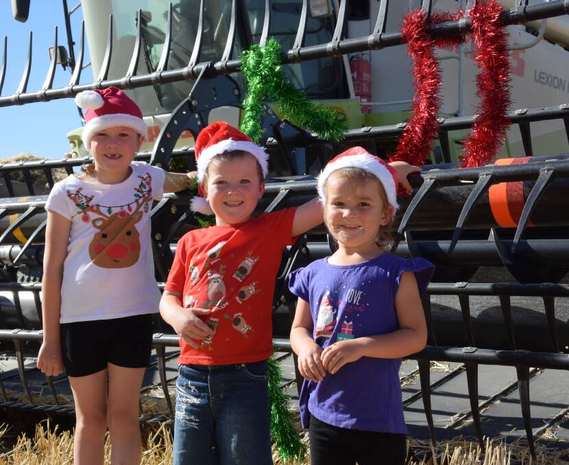Chloe, Riley and Tahlia Hateley inject a little Christmas cheer into harvest operations at their family property at Cooack, west of Natimuk in Victoria last week.