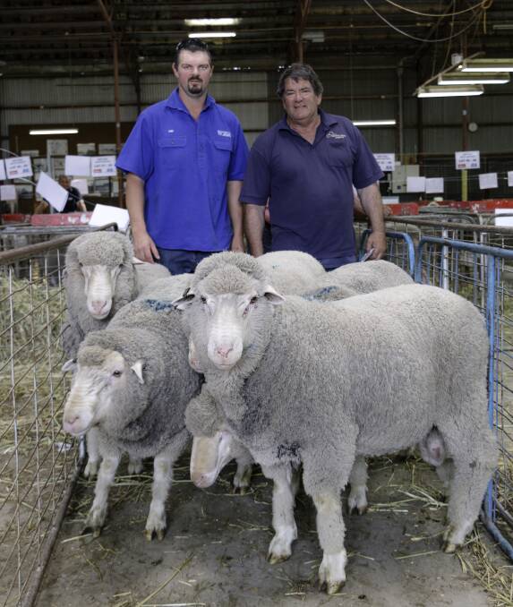 Volume buyer Ian Kyle (right) travelled from Bairnsdale, to purchase 10 Dohnes from West Wail. He is pictured with stud principal Luke Ellis.