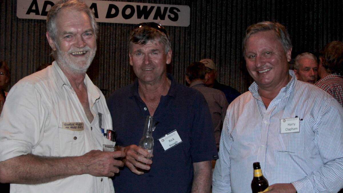 Former Australian Estates employee and now Terrick Merinos joint owner Rick Keogh, centre, with Kenrick Riley and Harry Clapham at a reunion held in March 2016.