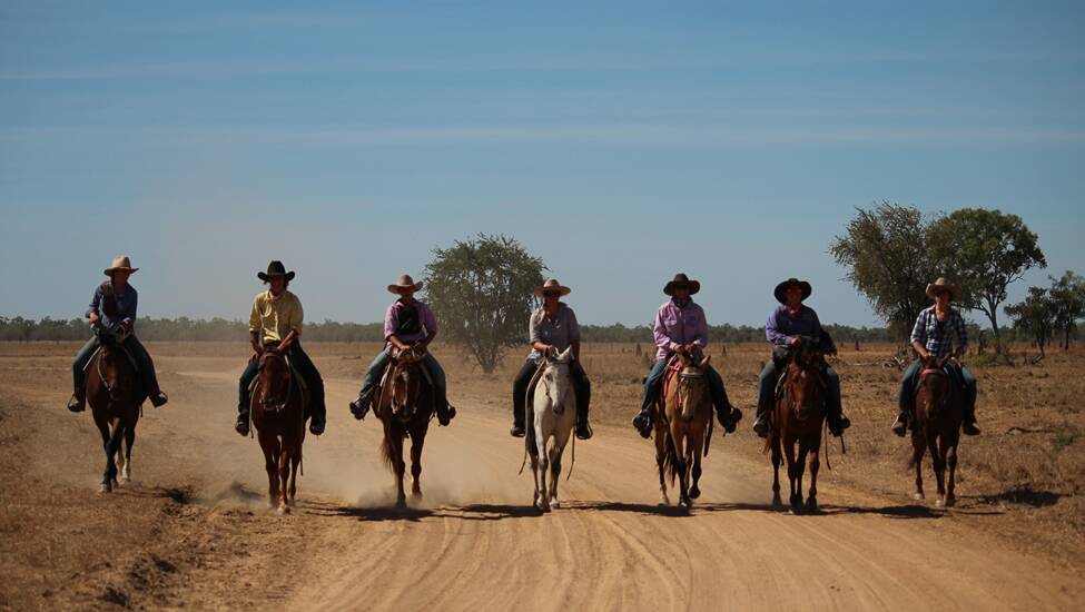 The "Magnificent Seven" - Jasmine Prior, Makayla Harris, Rachel Arnold, Katy Hodgkins-Ball Sammy Jo Pegler, Sara Mathews,  and Charlotte Finch, taken at Gregory Downs Station during a muster. Photo by Tanya Arnold.
