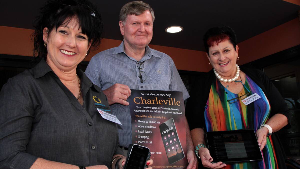 App crazy: Murweh shire marketing coordinator, Monique Johnson with CEO Neil Polglase and mayor Annie Liston at the launch of their new tourism app. Picture: Sally Cripps.
