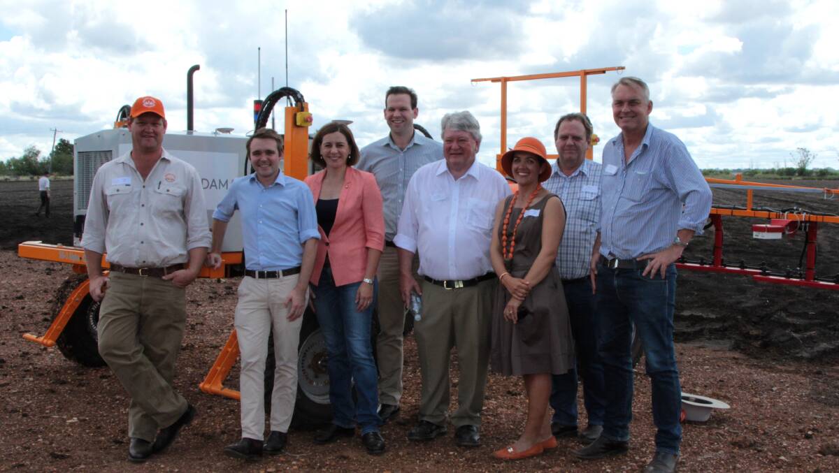Swarms: Joining Andrew and Jocie Bate at the SwarmFarm launch were federak Assistant Minister for Innovation Wyatt Roy, Queensland's Shadow Agriculture Minister Deb Freckington, Member for Flynn Ken O'Dowd, retiring Central Highlands mayor Peter Maguire, and Member for Gregory Lachlan Millar.
