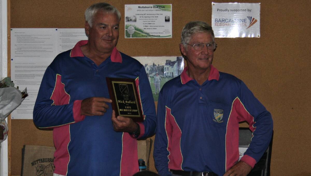 Nick Ballard was presented with Muttaburra Golf Club life membership by Alan McClymont during the celebrations.