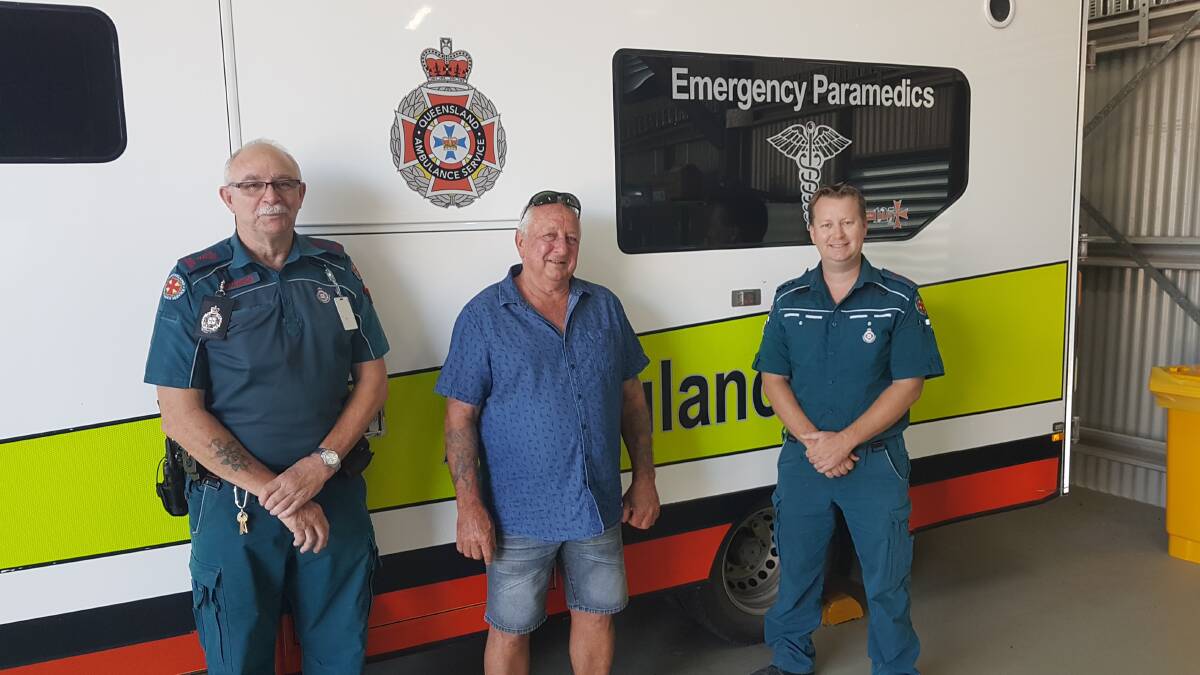 LIFE SAVERS: Snake bite survivor Keith Jackson, centre, reunited with the Longreach paramedics who came to his aid, Frank Smith and Ryan Parish. Picture supplied.