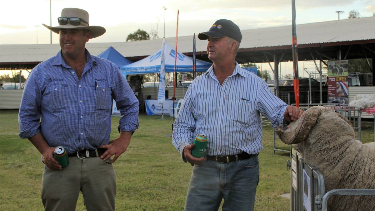 Debate: World Federation of Merino Breeders president, Will Roberts, right, with Angus Munro, stud breeding manager, Wanganella Merino Stud, NSW, relaxing after day of the Queensland state sheep show at Blackall. Picture: Sally Cripps.