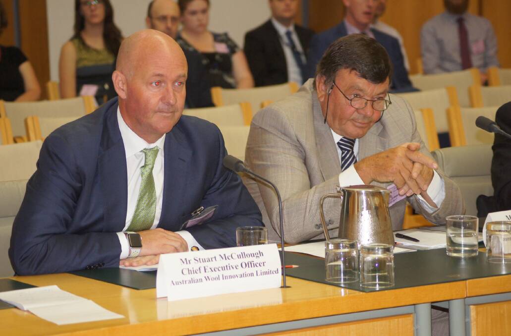 AWI chief executive Stuart McCullough and chairman Wal Merriman during Senate Estimates in Canberra earlier this year. 