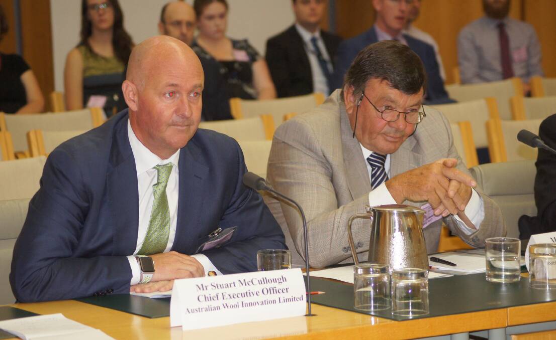 AWI chief executive Stuart McCullough and chairman Wal Merriman during Senate Estimates in Canberra.