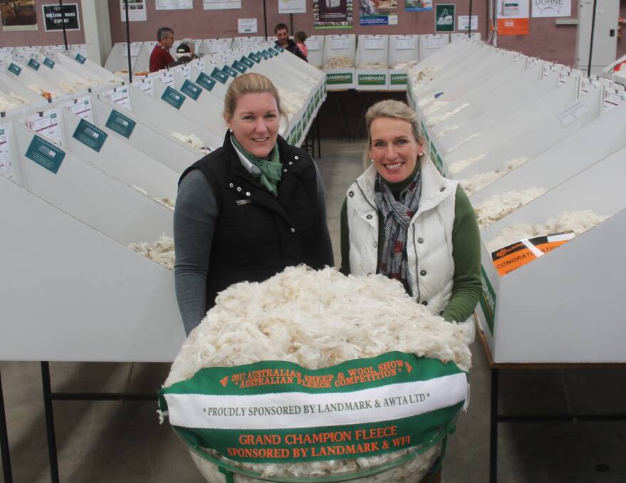 Landmark, Bendigo wool account manager Candice Cordy with winner of the 2017 Australian Fleece Competition, Georgina Wallace, Trefusis, Tasmania. 