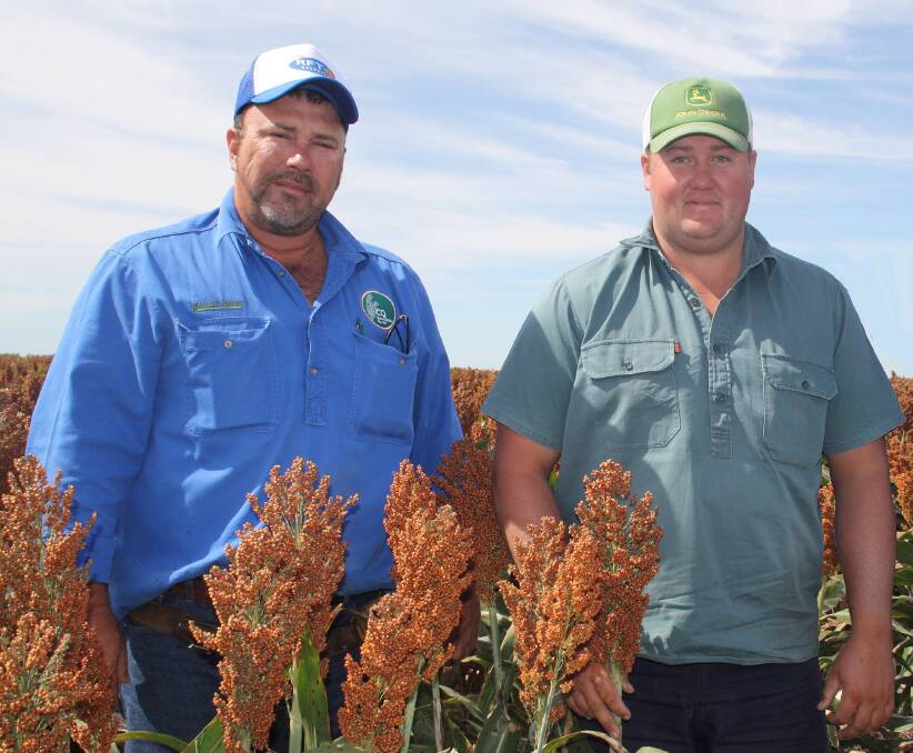 Sorghum win: Mark Donaldson Memorial Shield judge Craig Wade with Tim Gersbach, Kurrajong, Capella. From next year the shield will be open to growers across the Central Highlands. 