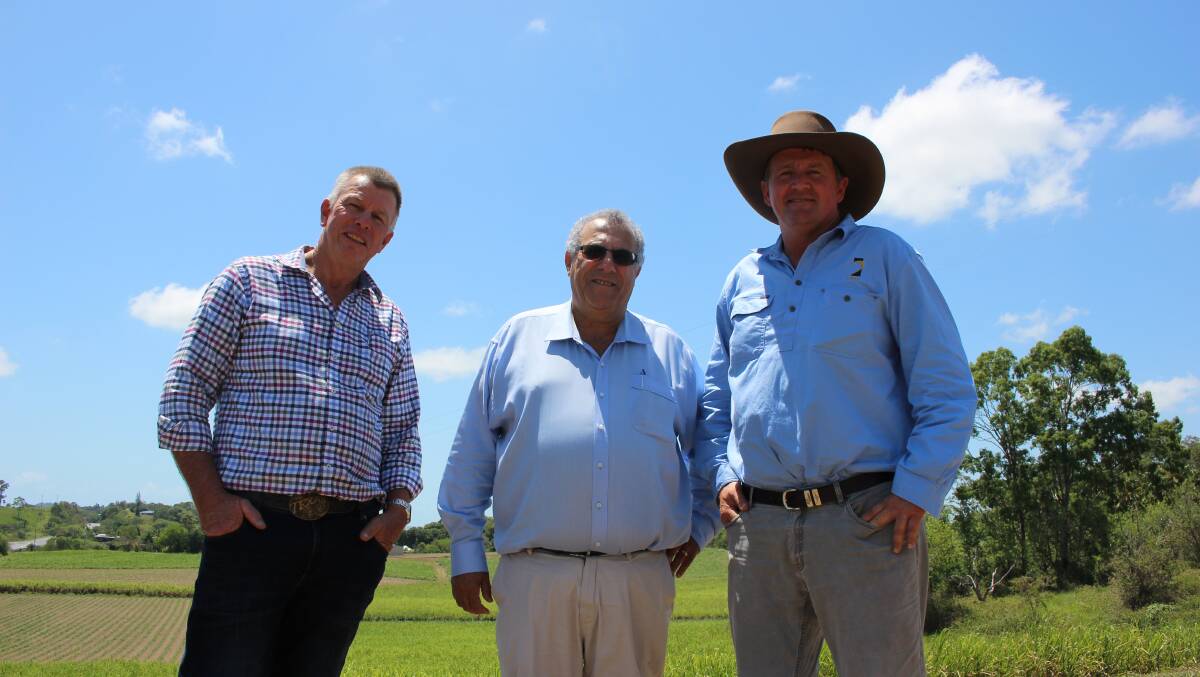 United: CANEGROWERS Chairman Paul Schembri (centre) hosted Queensland Farmers’ Federation (QFF) President Stuart Armitage and AgForce president Grant Maudsley on his cane farm outside Mackay on Tuesday. 