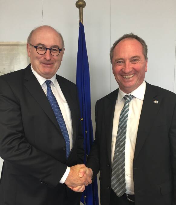 EU Commissioner for Agriculture and Rural Development Phil Hogan (left) and Agriculture and Water Resources Minister Barnaby Joyce after recent trade talks.