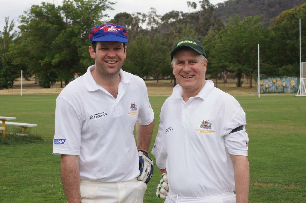 Nationals Senator Matt Canavan (left) and Michael McCormack gearing up for parliamentary cricket match.