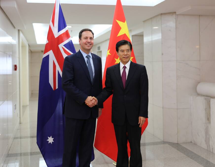 Minister of Commerce of the People’s Republic of China, Zhong Shan (right) and federal Trade Minister Steven Ciobo at the 15th Joint Ministerial Economic Commission held on September 15, in Beijing, where they discussed lifting the beef ban.

