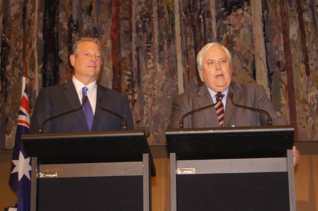 Former US Vice President and climate change advocate Al Gore with Clive Palmer at Parliament House in 2014 announcing his support for repeal of the carbon tax.