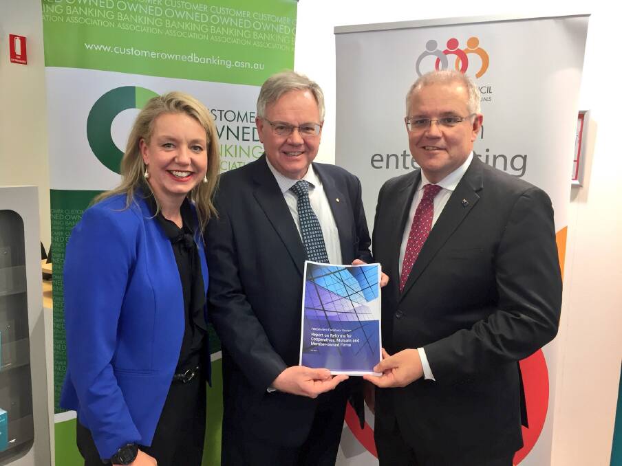 Suggested headline: Victorian Nationals Senator Bridget McKenzie (left). independent facilitator Greg Hammond and Treasurer Scott Morrison at the release today of the Hammond report recommending reforms to improve the standing and recognition of co-ops.