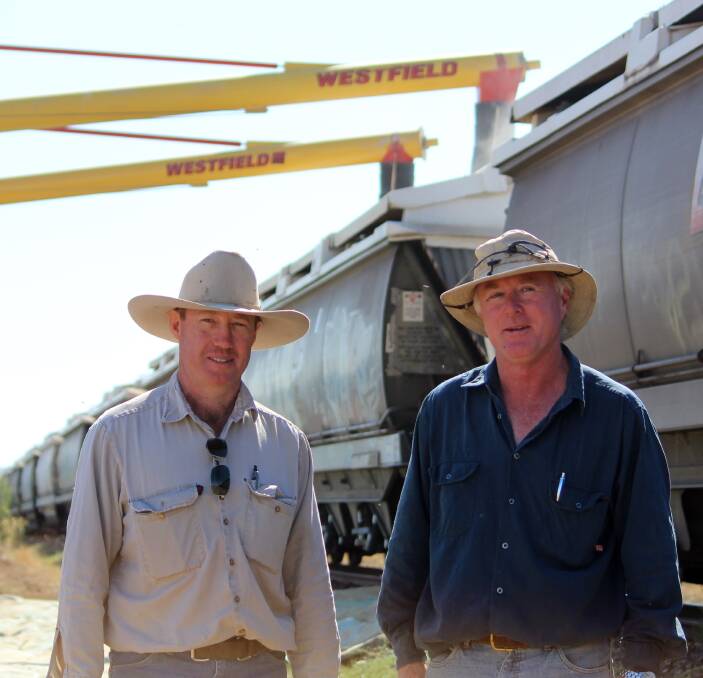 QR FIRST: Thallon chickpea growers Ed Willis and Andrew Earle with their first private train loading on Tuesday morning. The second is being loaded on Thursday and the final next week. Picture: Andrea Crothers. 