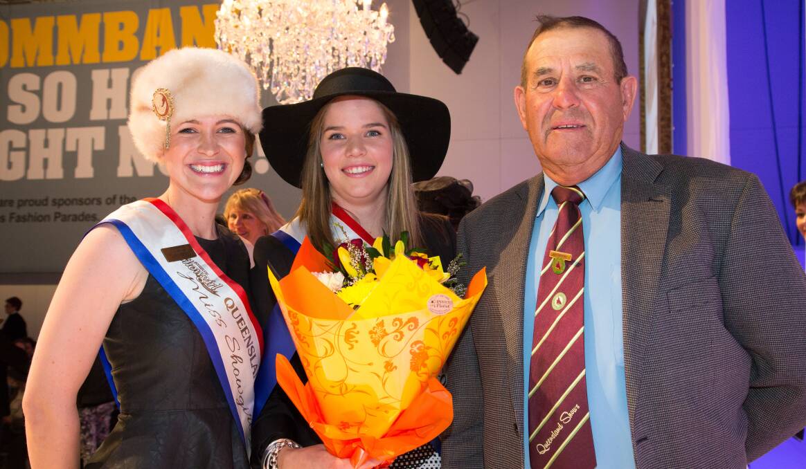 BRIGHTER TIMES: Burnett was once the breeding ground of champions with Queensland Country Life Miss Showgirl 2013 Donna Dingle (nee Baker) and 2014 winner Sophie Hughes, pictured alongside Queensland Shows president Keith Bettridge.