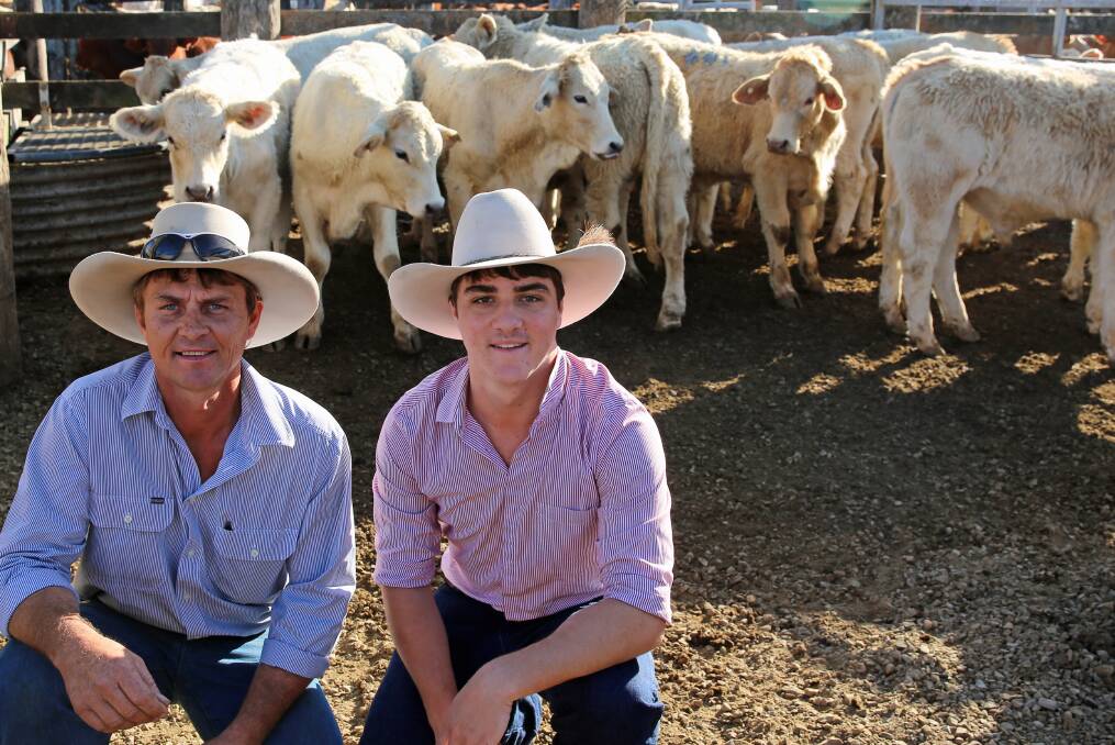 Ashley and Braydon Trigger, A & A Trigger Grazing,  Biggenden, with a pen of their Charolais cross steers that sold for 368.2c or $936/head.