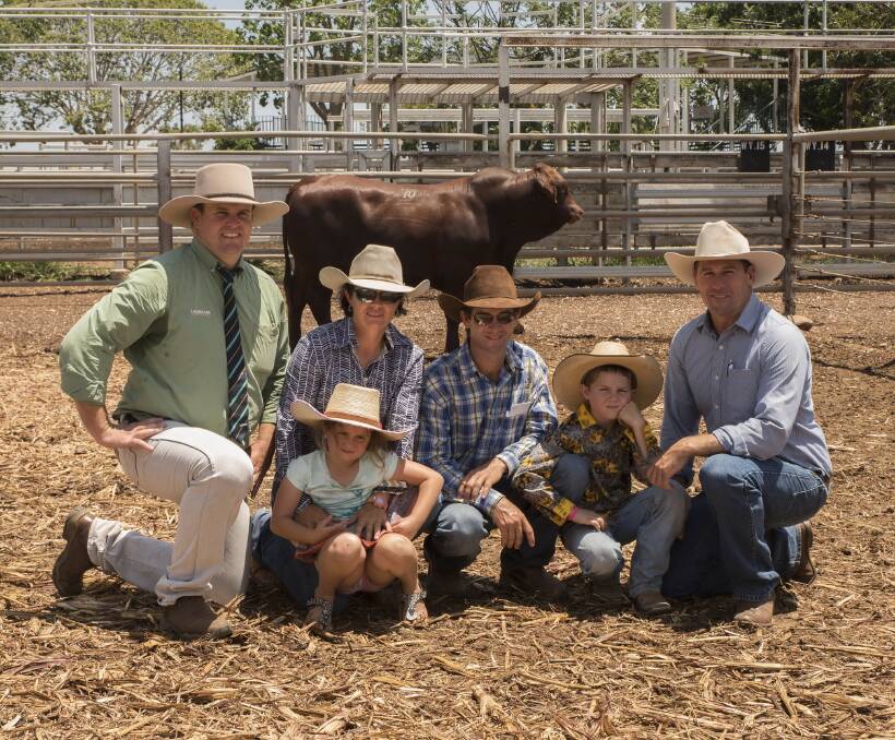 Trent McKinlay, Landmark Stud Stock, Leanne Comiskey and Peter Black, Cloyne, Alpha with their children Indy and Jack, and Andrew Bassingthwaighte, Yarrawonga Santa Gertrudis, Wallumbilla at the Clermont Santa Gertrudis Sale.