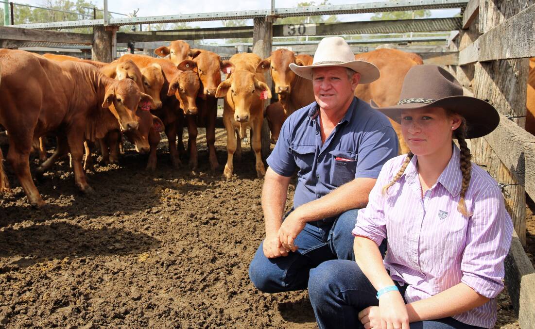 Don and Bec Roberton, Coalstoun Lakes, with their Droughtmaster steers that sold for 290.2c/kg or $862/head.