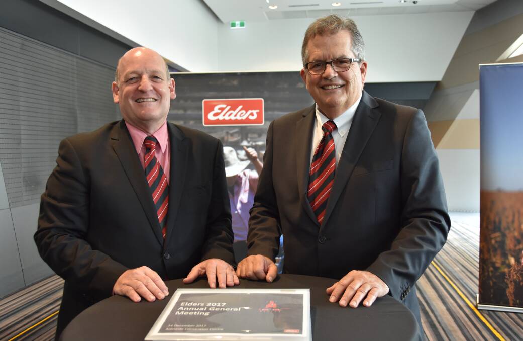 MOVING FORWARD: Elders CEO Mark Allison and chairman Hutch Ranck at the Elders AGM, where they looked back on what Mr Ranck called "another incredible year of milestones".