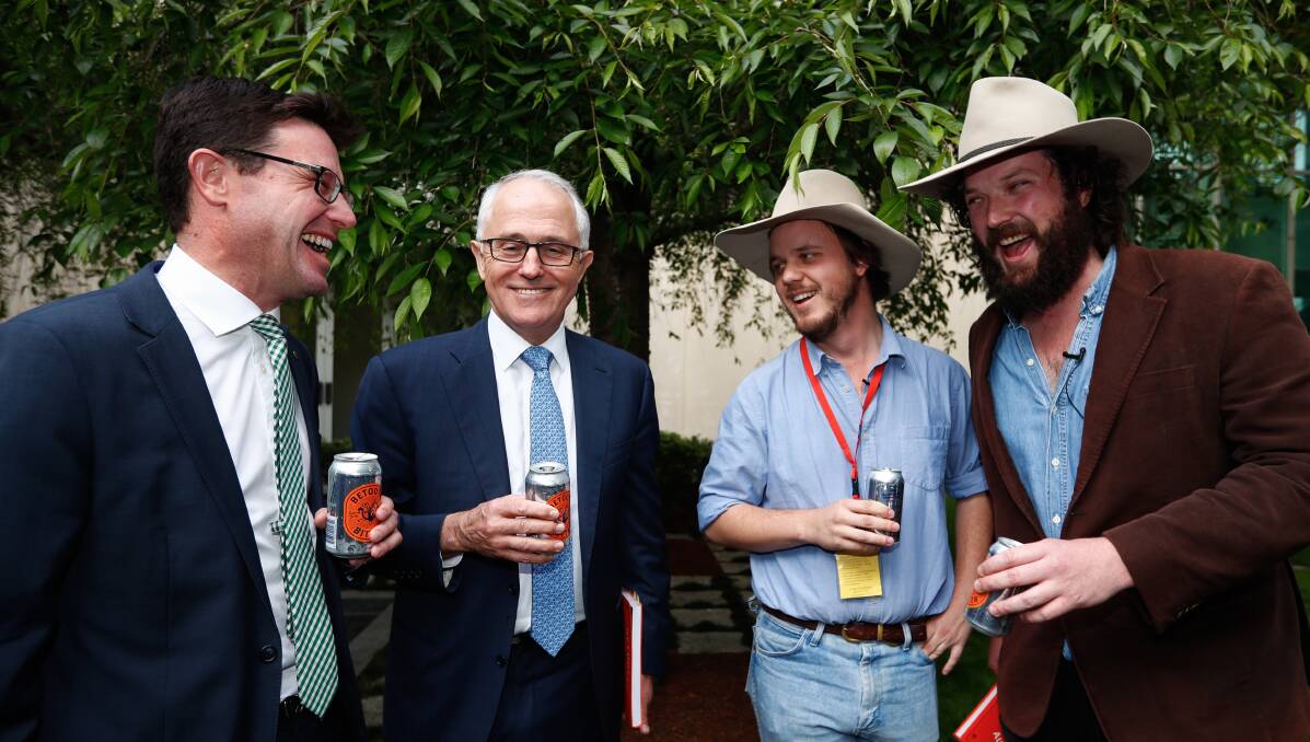 David Littleproud, at left, with the Prime Minister Malcolm Turnbull and the boys from the Betoota Advocate.