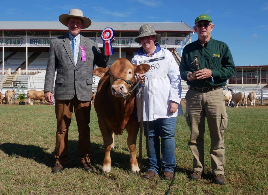 Winners circle: Grand champion Blonde d’Aquitaine bull Waite A Wyle Neptune, held by owner Belinda Hess, Waite A Wyle Blondes, Maclaggan, with judge Graham Brown, RSVP Droughtmasters, Windera, and Blonde d’Aquitaine federal president Brian Schneider. 
