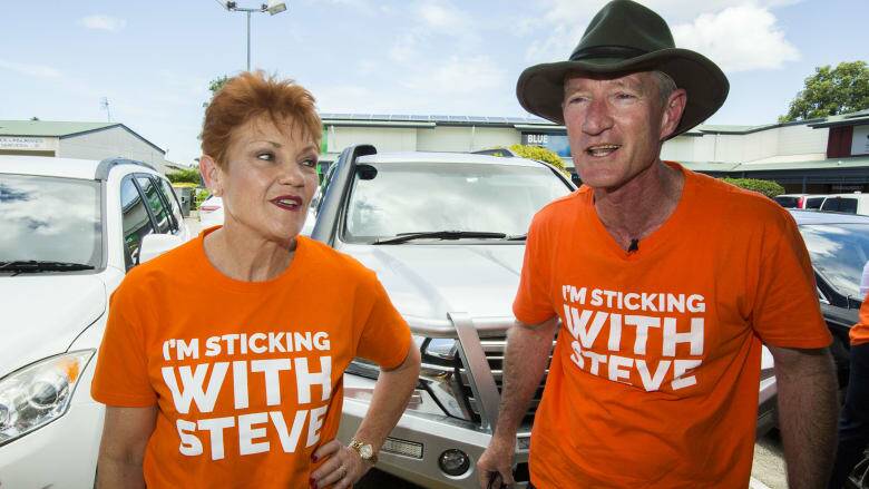 One Nation leader Pauline Hanson and Queensland One Nation leader and member for Buderim Steve Dickson, pictured at Sippy Downs, Buderim, on November 11.
Photo: AAP/Glenn Hunt