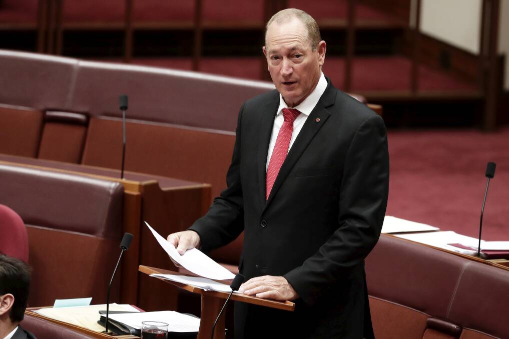 Senator Fraser Anning delivers his maiden speech to the Senate. Photo: Alex Ellinghausen.