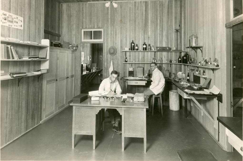The first laboratory of the Animal Health Research Station at Oonoonba, Queensland, 1932.  Dr. J. Legg with officer-in-charge R.B. Kelley in the background. 
