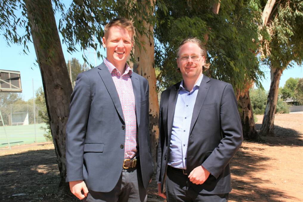 KEEPING WATCH: Rabobank agriculture analyst Wesley Lefroy, Sydney, and head of agriculture commodity markets research Stefan Vogel, London, spoke to growers at Balaklava about how Australia can maintain its slice of the pie in the global wheat market after the Black Sea region ups its export market presence. 