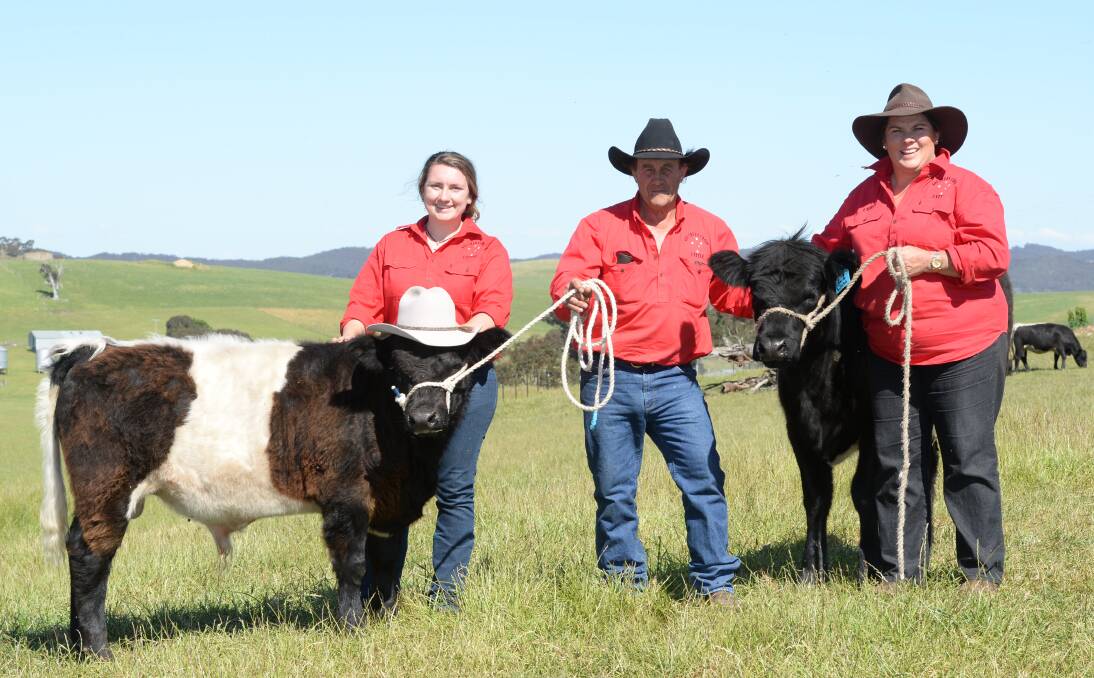 BOSS CROSS: Montana Hawkins, Bert Barrass and Christine Hawkins, "Banjo Skye", Blakney Creek via Yass, with Southern Cross Cattle, Mr Muz, a six-month-old bull calf, and a 12-month-old heifer. Picture: RACHAEL WEBB
