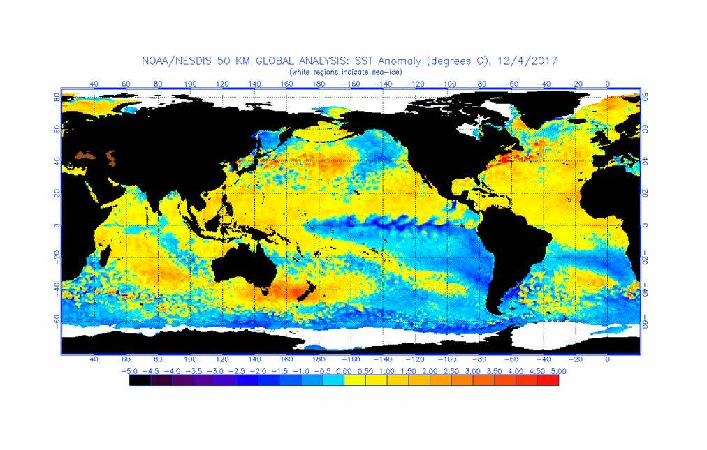 Sea Surface Temperature anomalies in the Tropical Pacific as of December 4th. The deep blue band of water along the equator indicates temperatures of as much as -2  below average. Source: http://www.ospo.noaa.gov/Products/ocean/sst/anomaly/ 