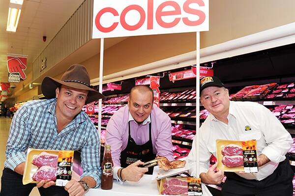 Stock Up for Hope director Duncan Brown, Coles general manager Queensland Mark Scates and Australian Country Choice CEO David Foote, launch the new fundraising initiative.