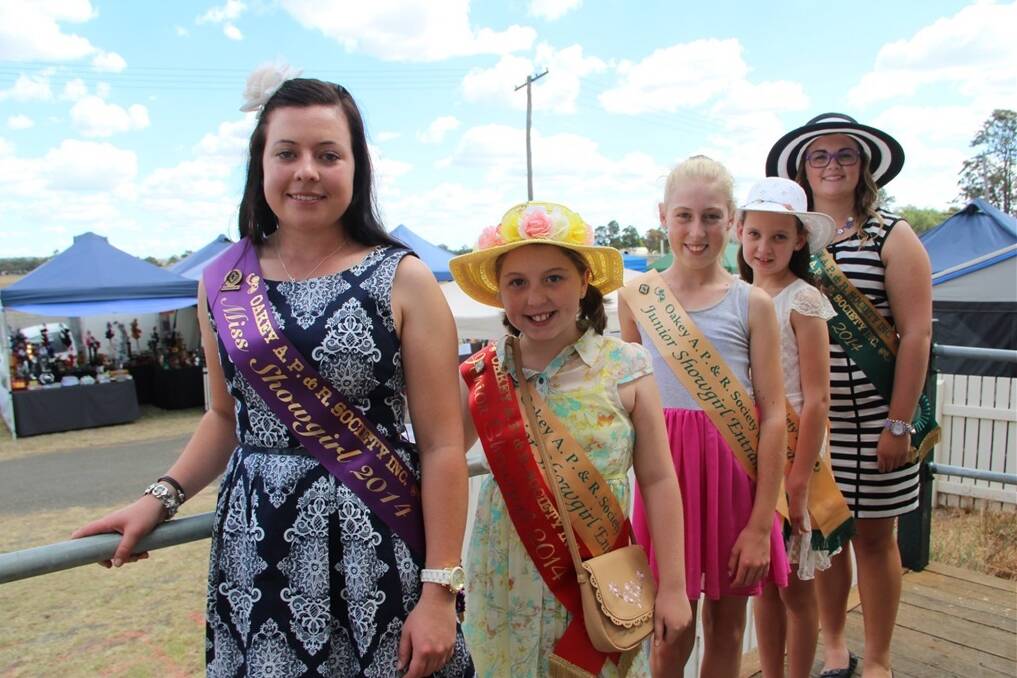 2014 Oakey Miss Showgirl Matilda Donaldson, Miss Junior Showgirl Emma Green, junior showgirl entrant Kelly Smith, junior showgirl entrant Georgia Schilf, and Miss Teen Fundraiser Christine Byers.